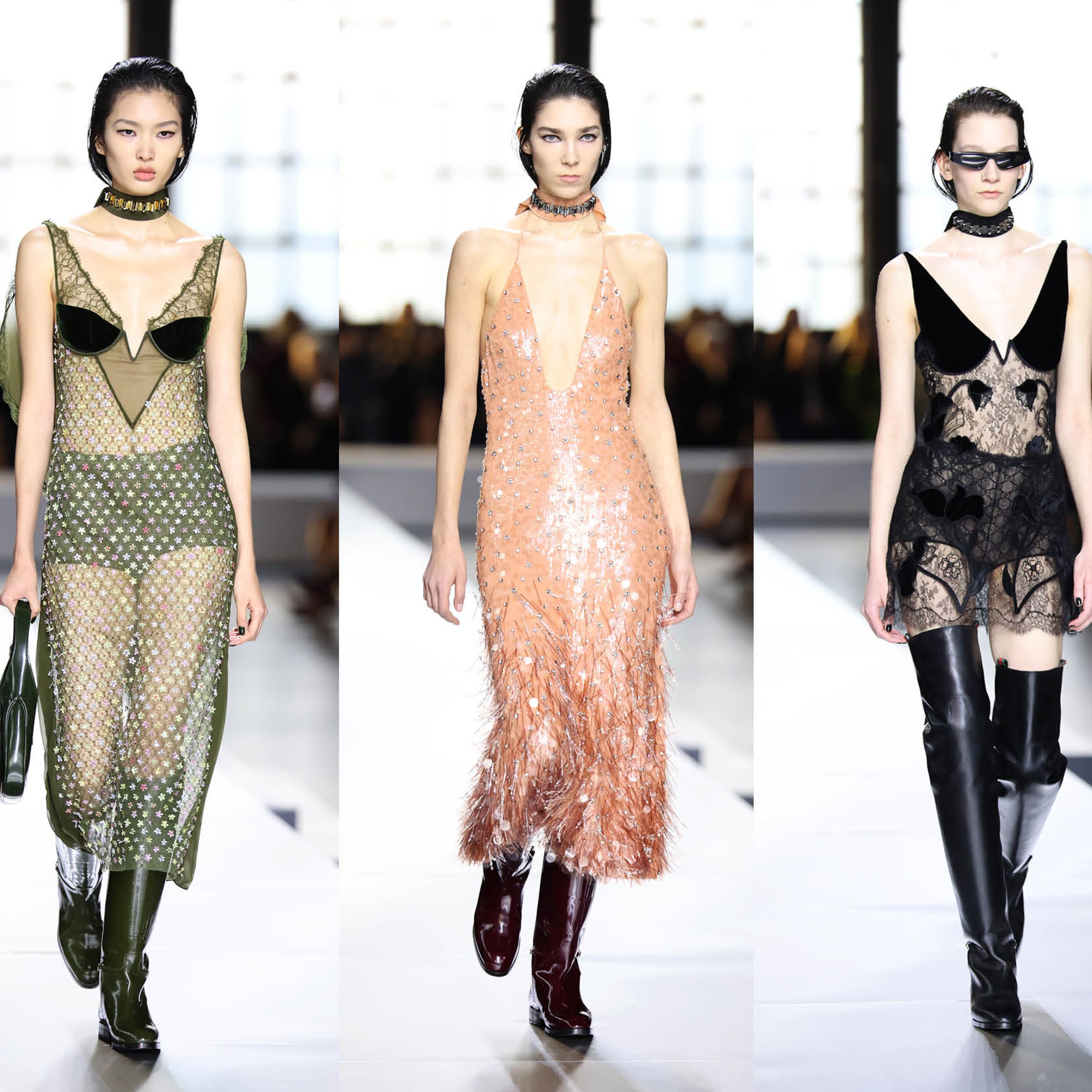 Tendance, défilé Gucci, robe de soirée, bottes équestres