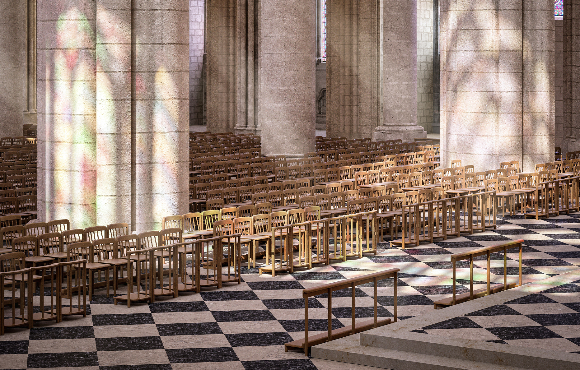 Les chaises d'Ionna Vautrin pour Notre-Dame de Paris. © Photo Arnaud Sabatier.